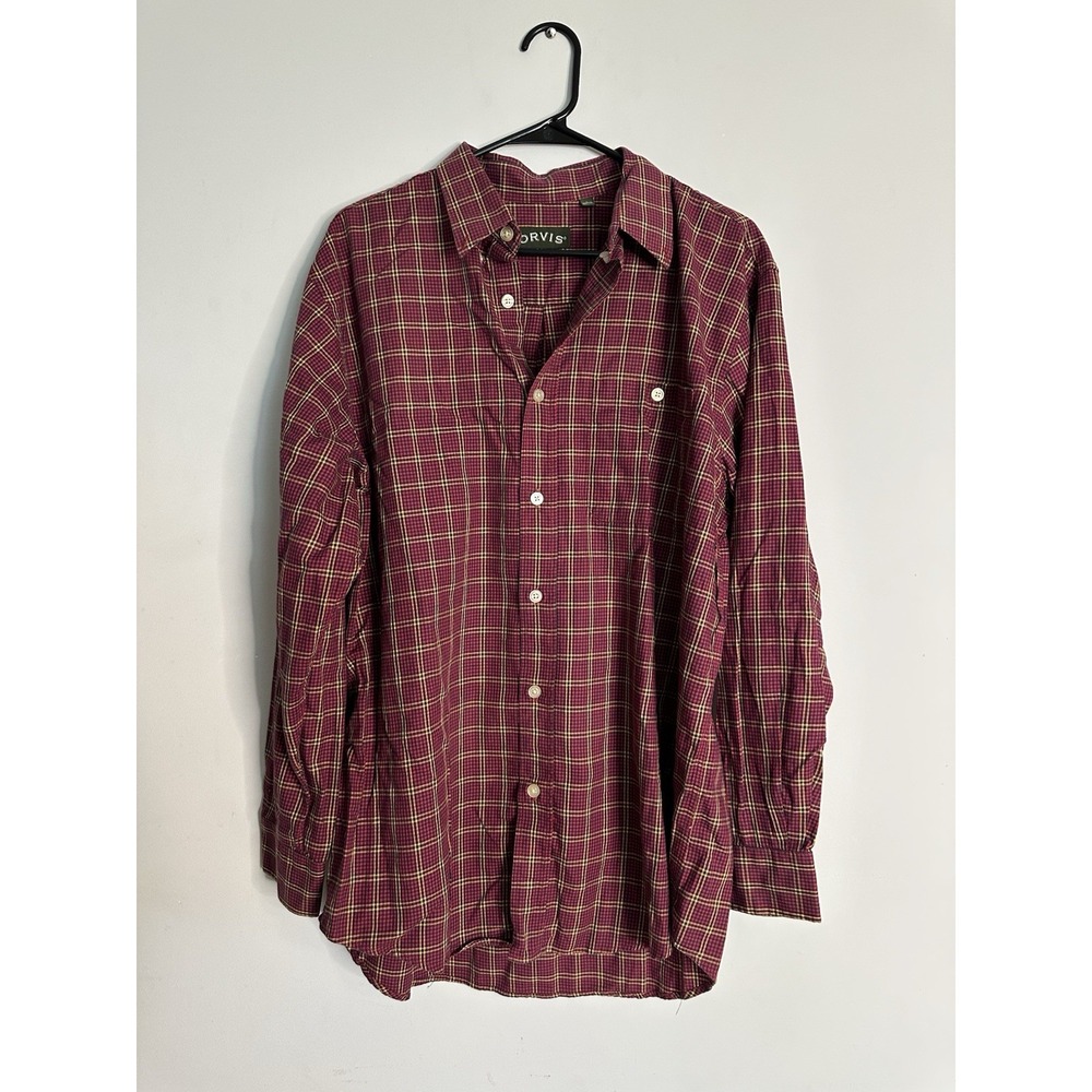 Orvis Mens Red Plaid Long Sleeve Button Up Shirt Large Regular Fit Cotton
